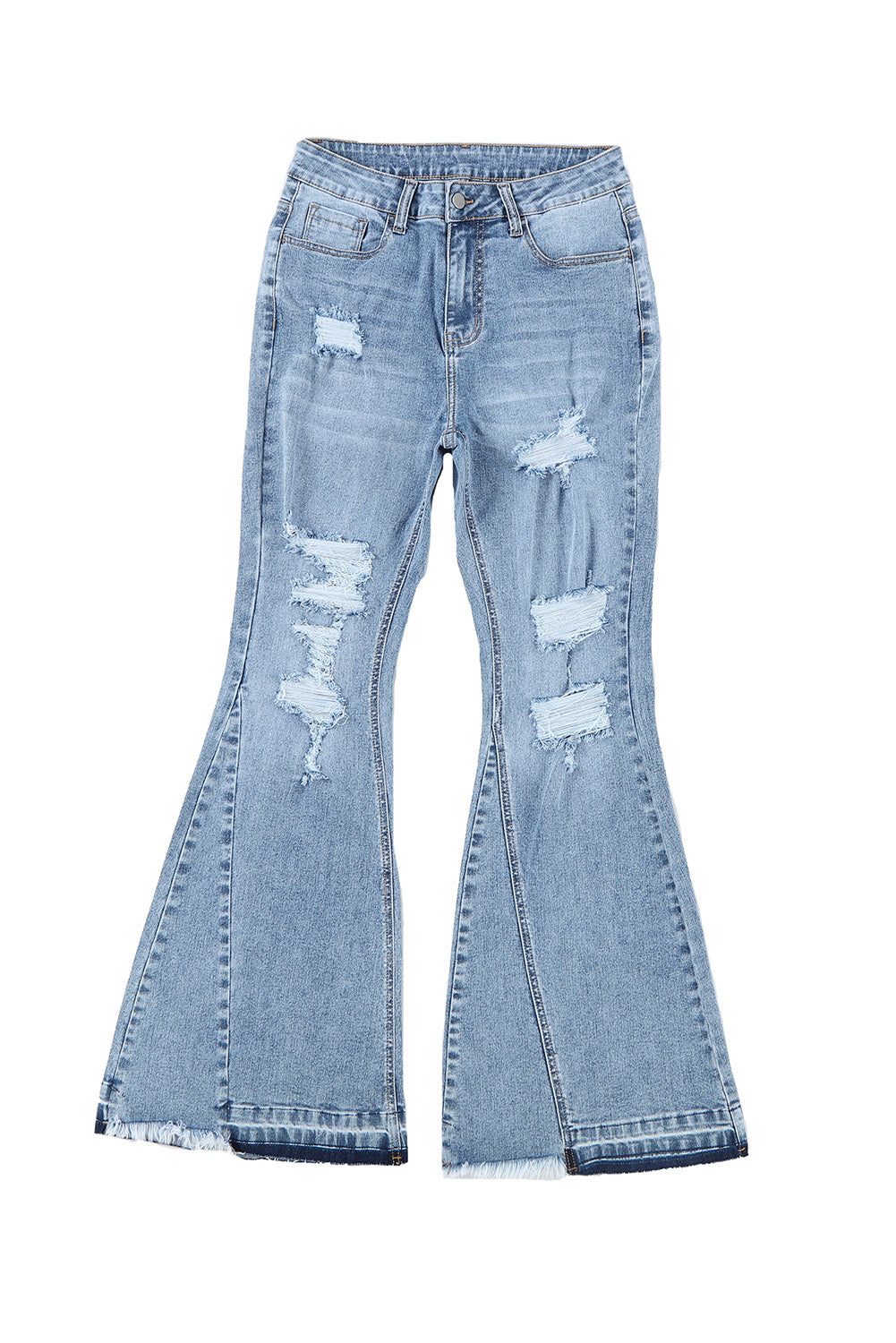 Sky Blue Light Wash Distressed High Rise Flare Jeans