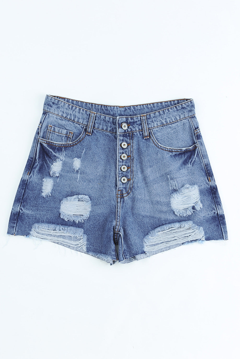 Sky Blue Button-fly High Rise Distressed Denim Shorts