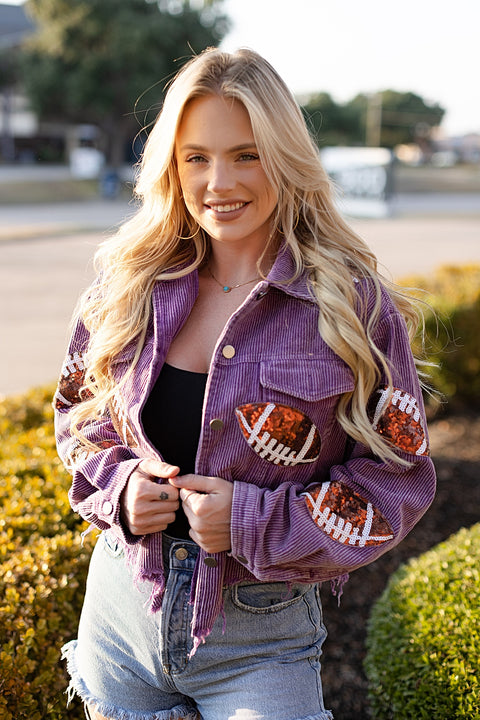 Orange Football Sequin Embroidery Washed Corduroy Jacket