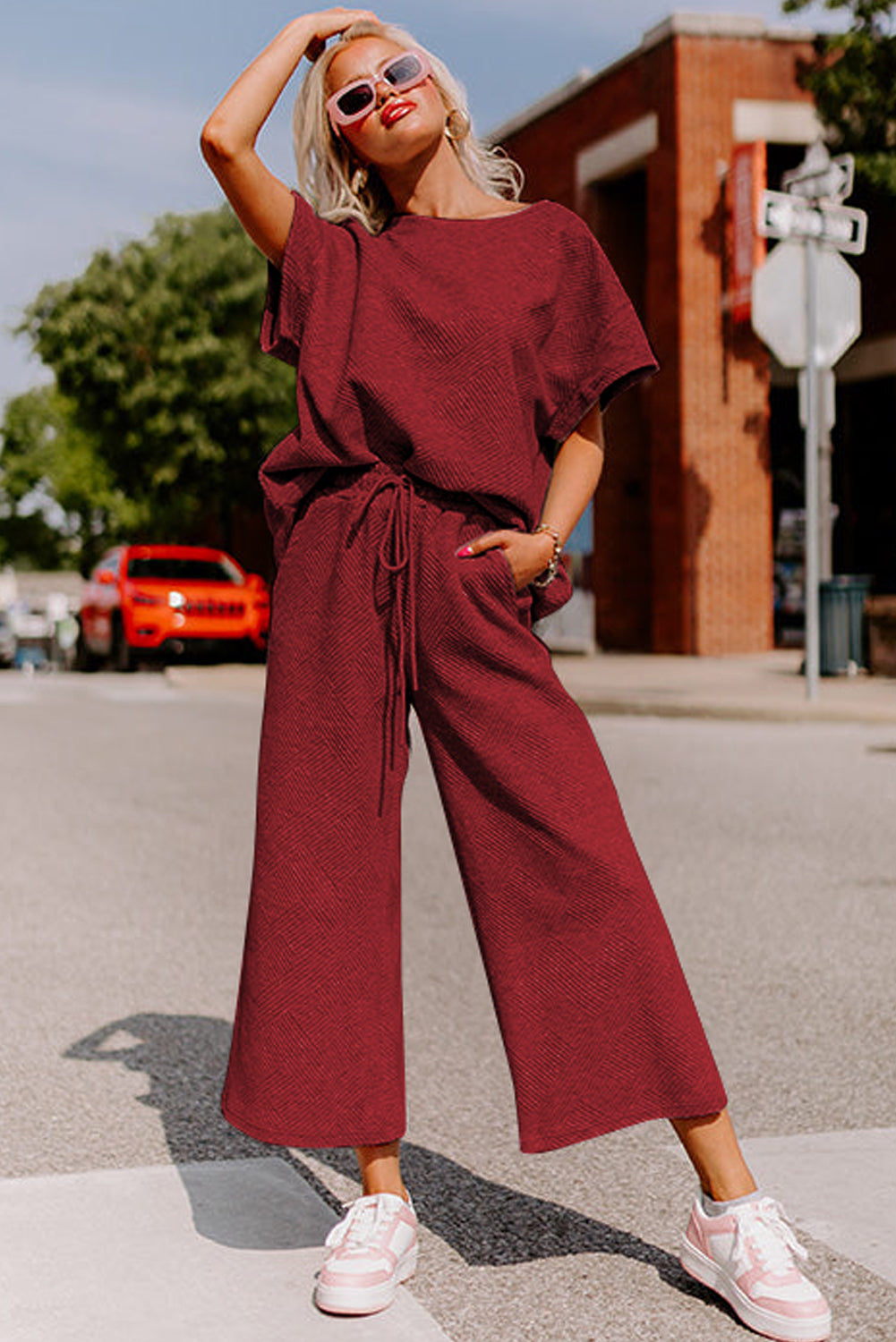 White Textured Loose Fit T Shirt and Drawstring Pants Set