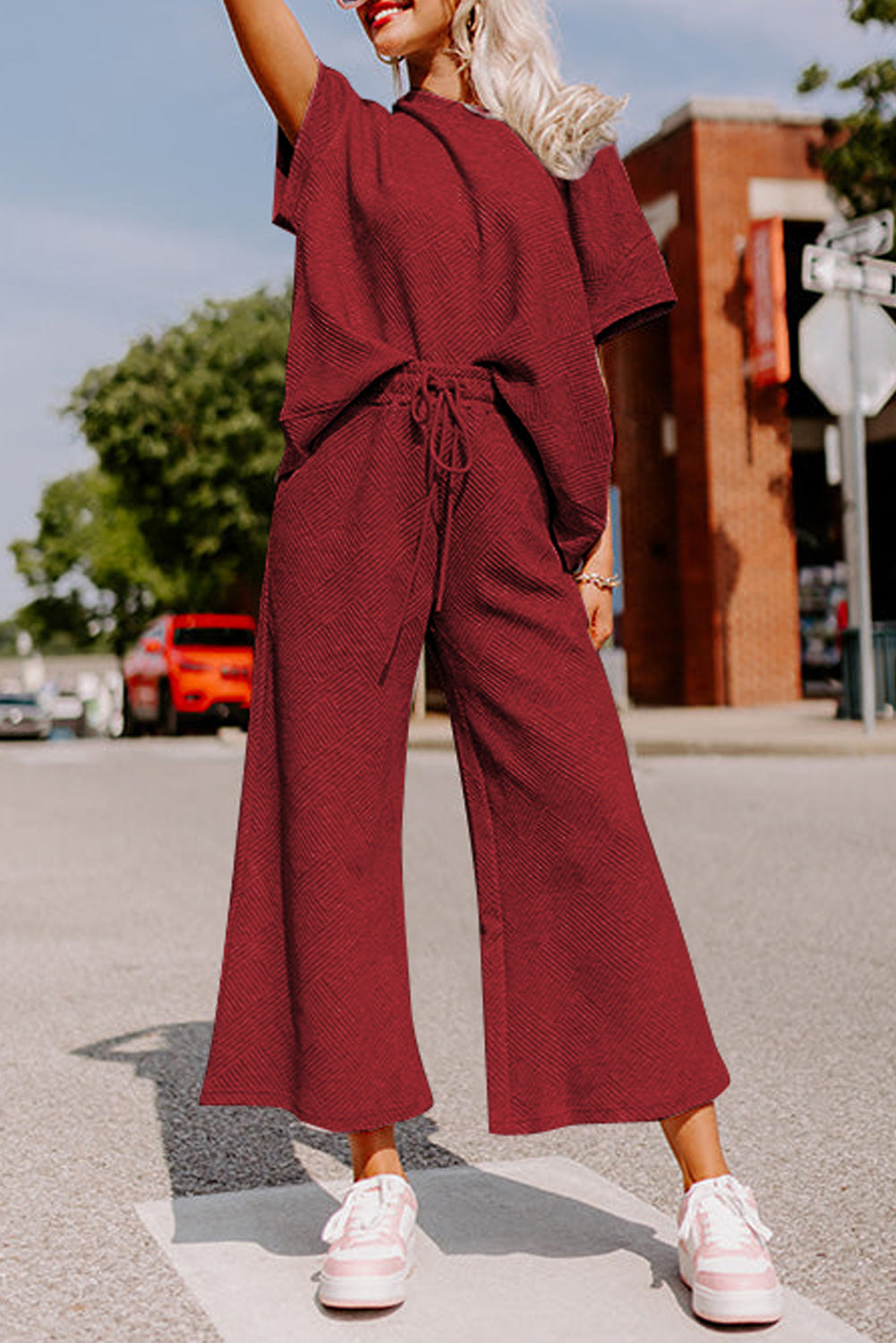 White Textured Loose Fit T Shirt and Drawstring Pants Set