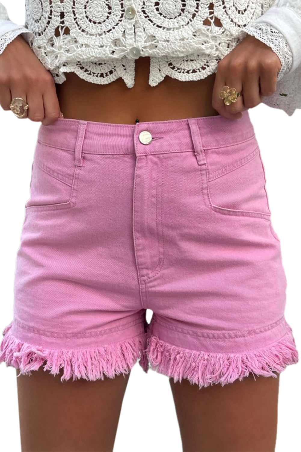 Pink Frayed Edge Mid Rise Denim Shorts