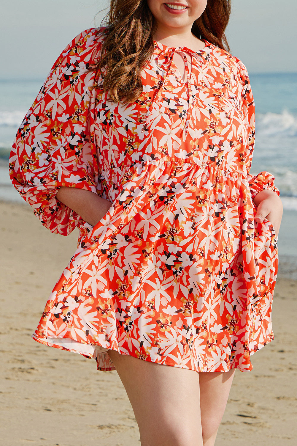 Orange Floral Print Split V Neck Bubble Sleeve Plus Size Midi Dress