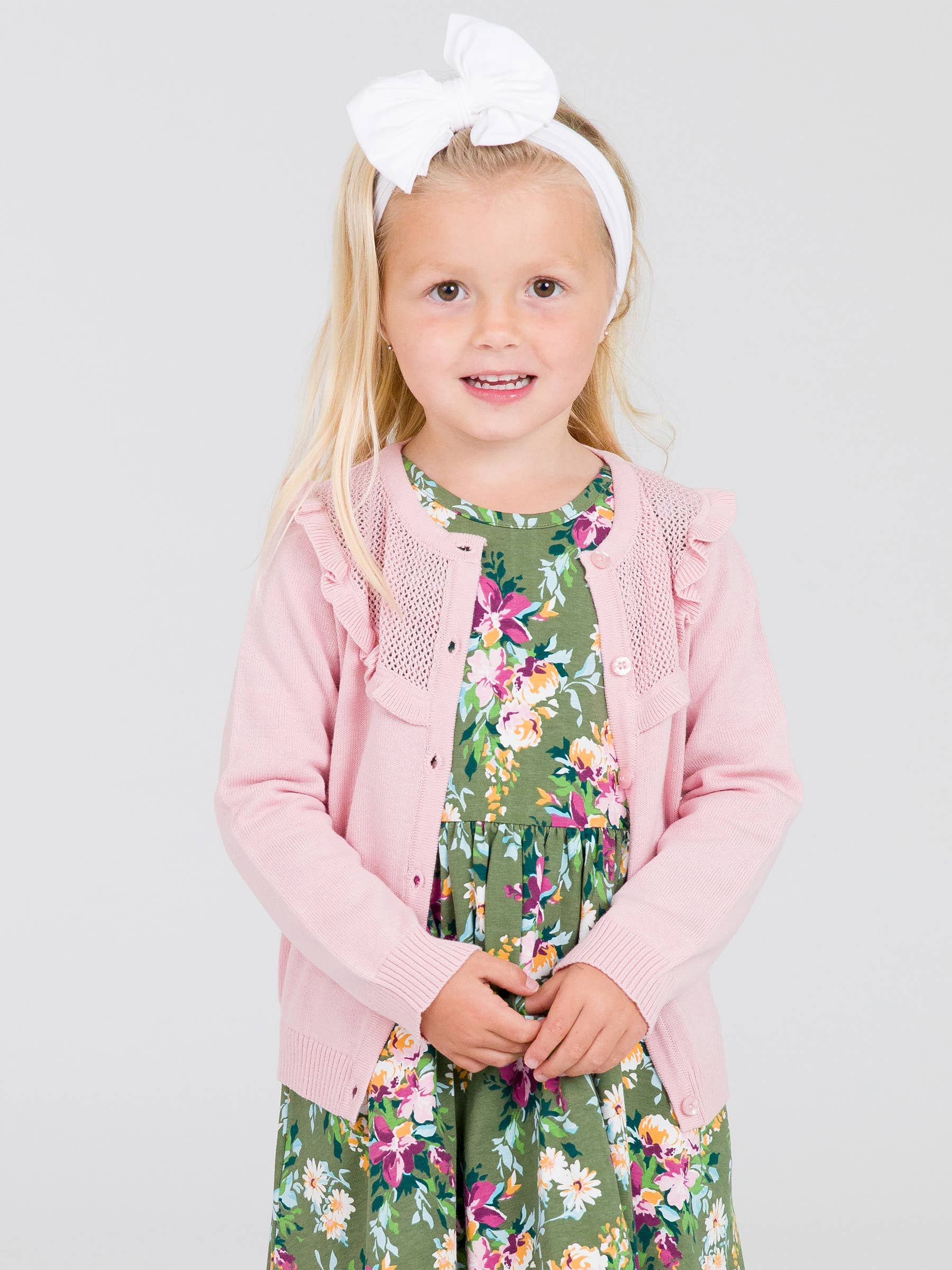 Girls Pink Sweater Knit Ruffle Trim Cardigan: Pink