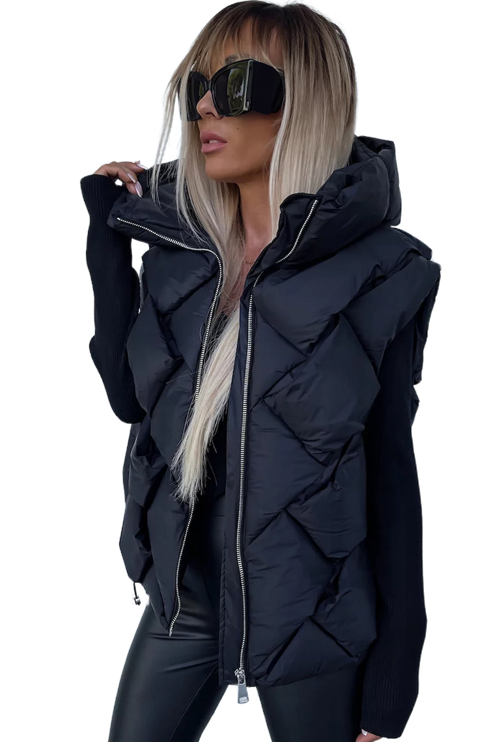 White Quilted Zipper Front Hooded Vest Coat