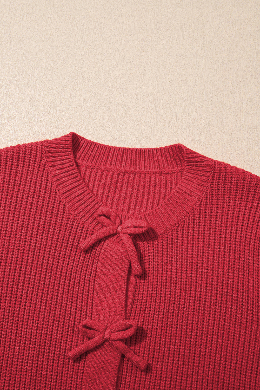 Fiery Red Ribbed Knit Bow Front Buttoned Cardigan