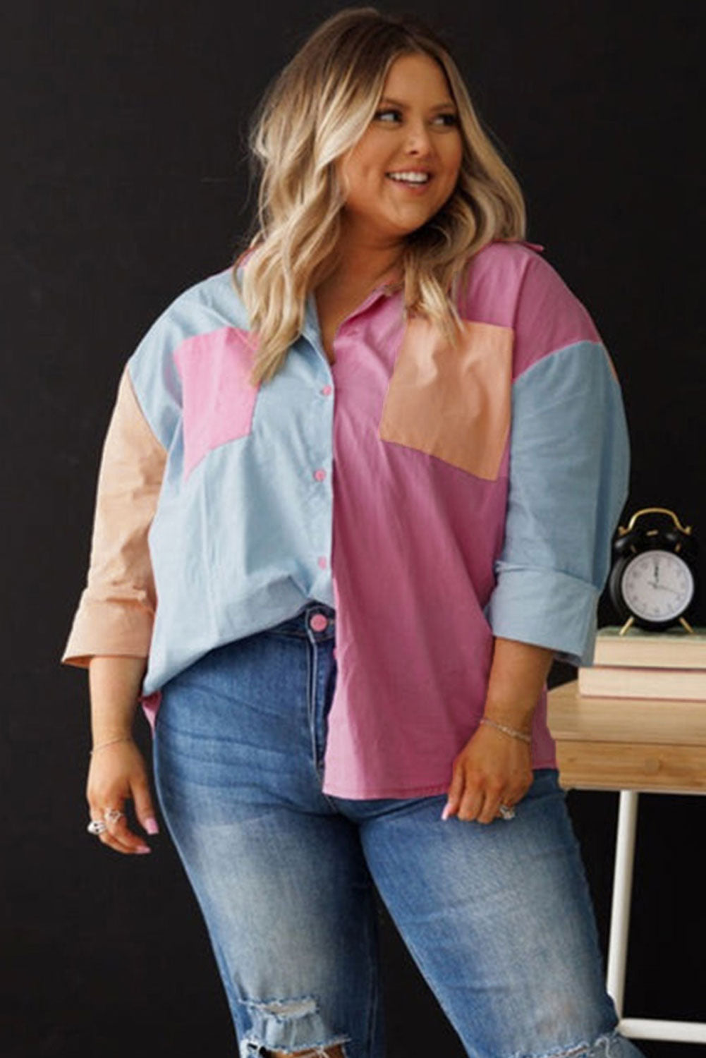 Pink Color Block Chest Pockets Plus Size Shirt