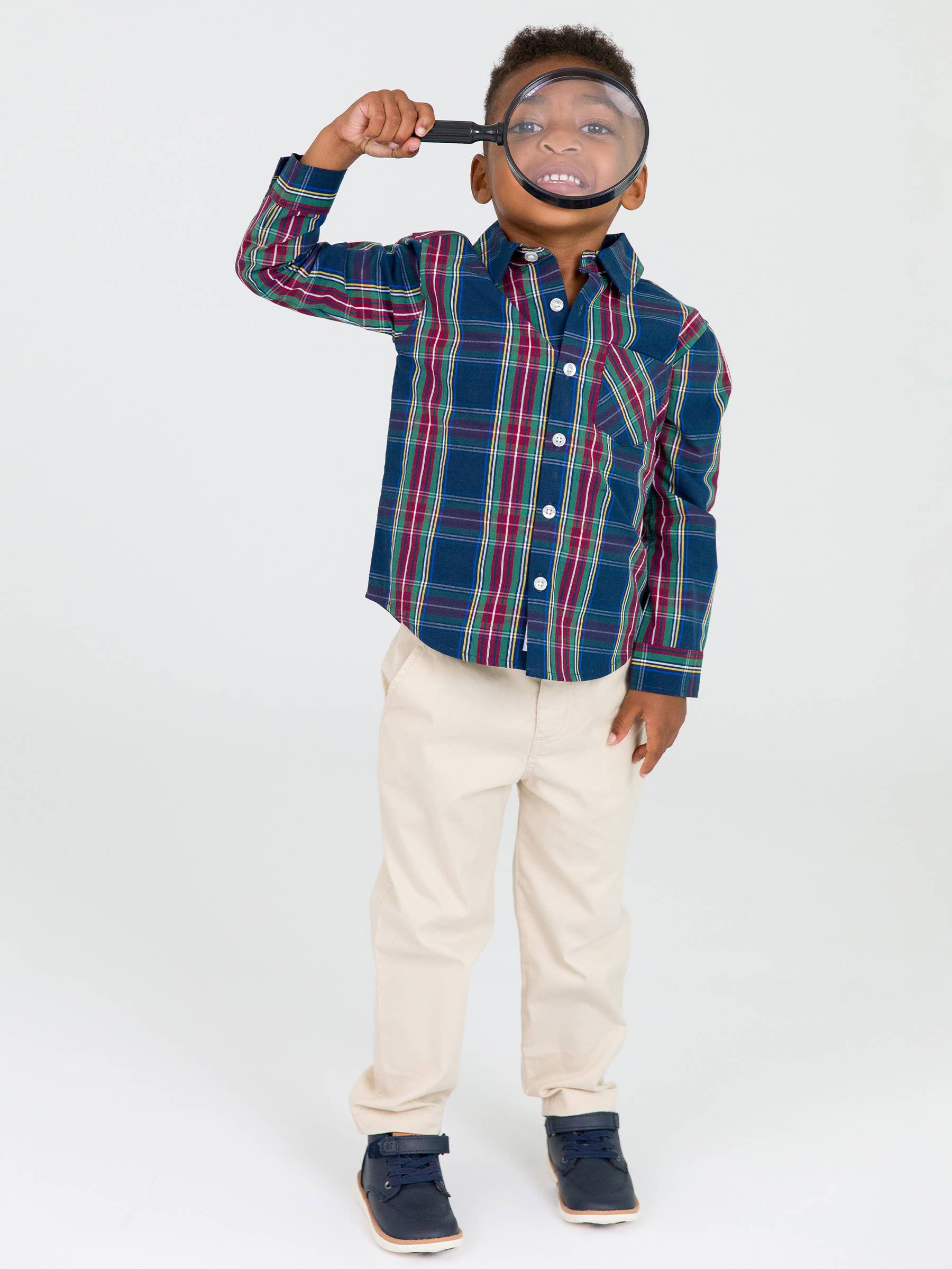 Boys Winter Nights Plaid Long Sleeve Button Down Shirt Navy