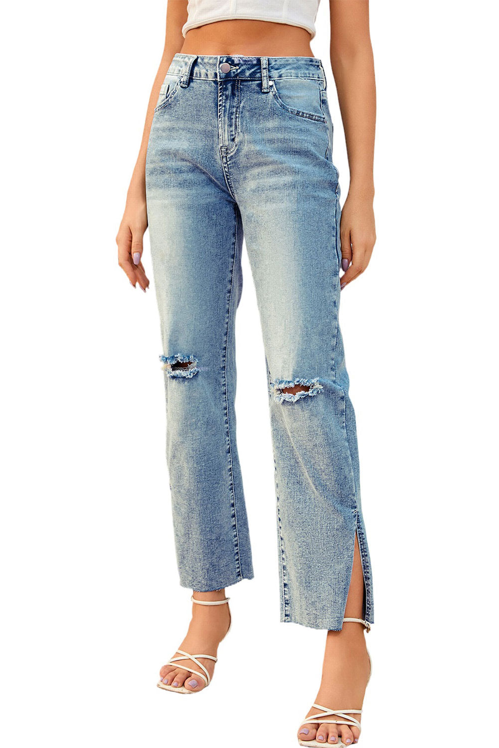 Sky Blue Vintage Distressed Split Hem Straight Leg Jeans