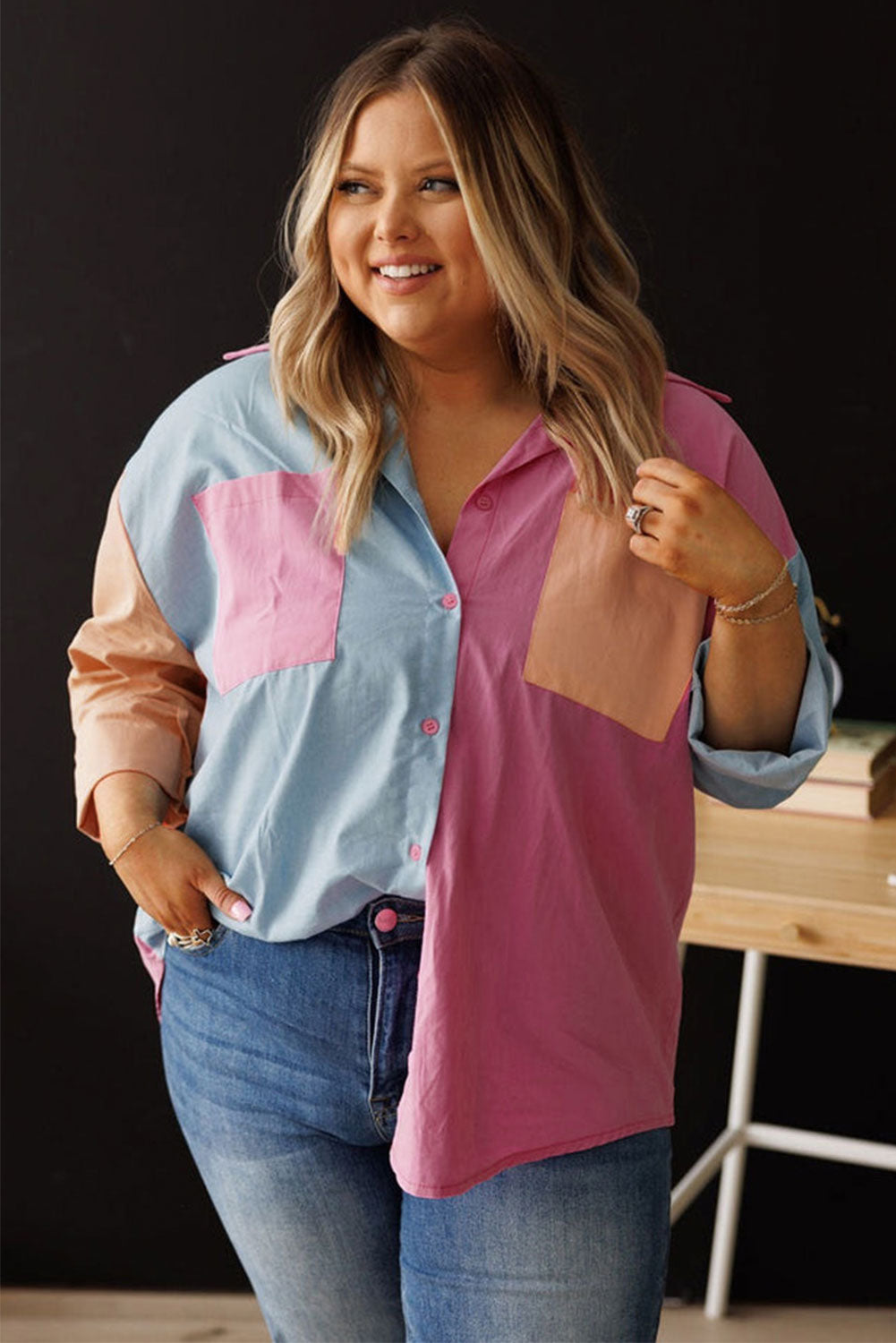 Pink Color Block Chest Pockets Plus Size Shirt