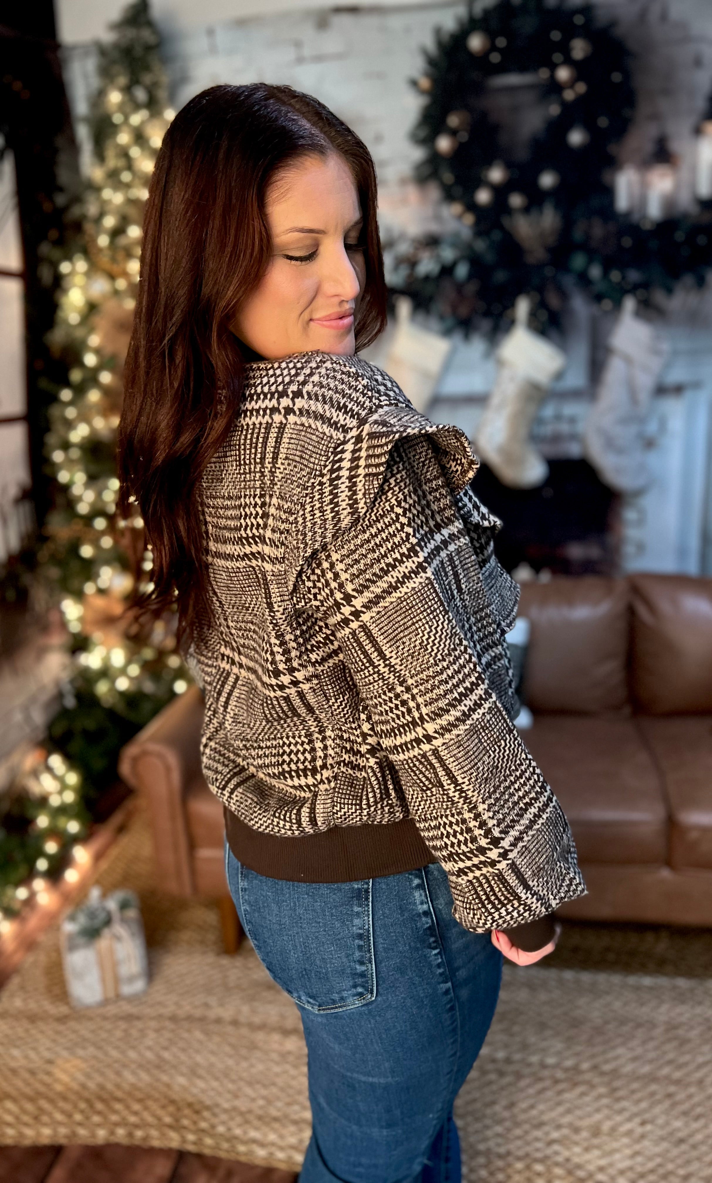 Plaid Ruffle Bomber Jacket