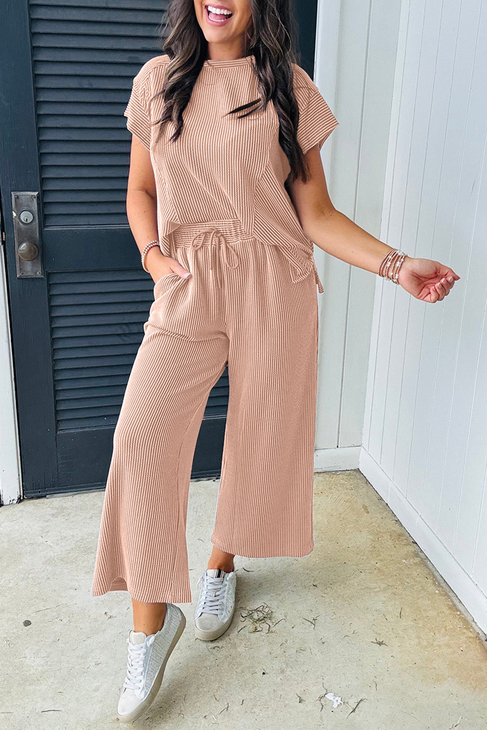 Bright Pink Solid Corded Knit Short Sleeve T Shirt and Wide Leg Pants Set