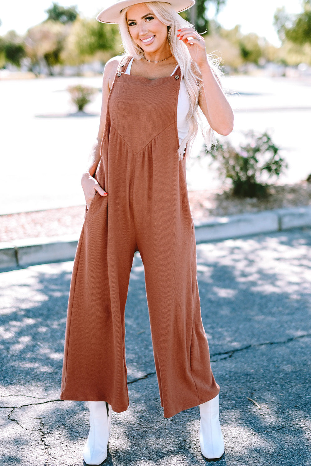 Black Textured Buttoned Straps Ruched Wide Leg Jumpsuit