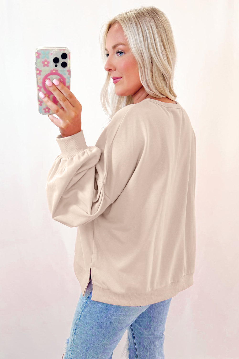 Light Pink Embroidered Bow Lantern Sleeve Oversized Pullover Sweatshirt