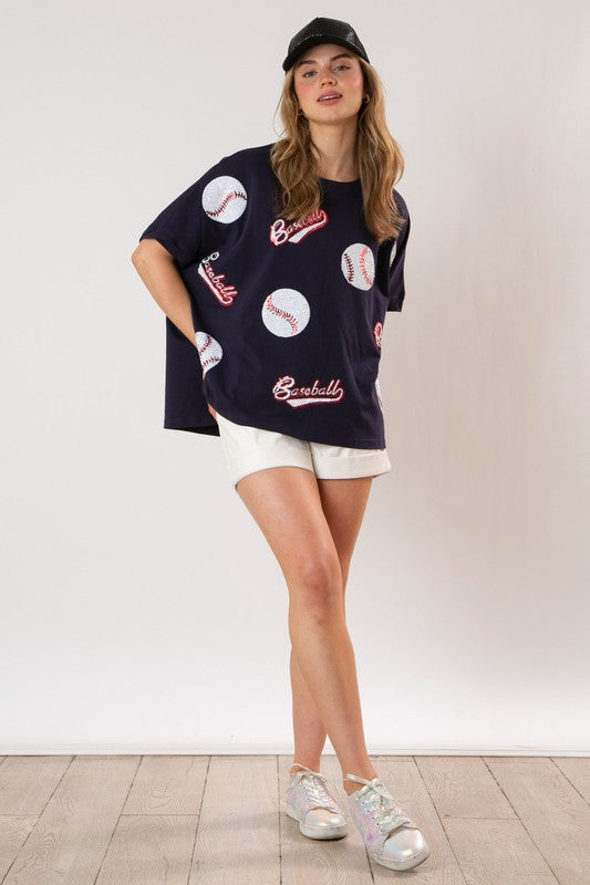 Baseball Sequins Short Sleeve Top