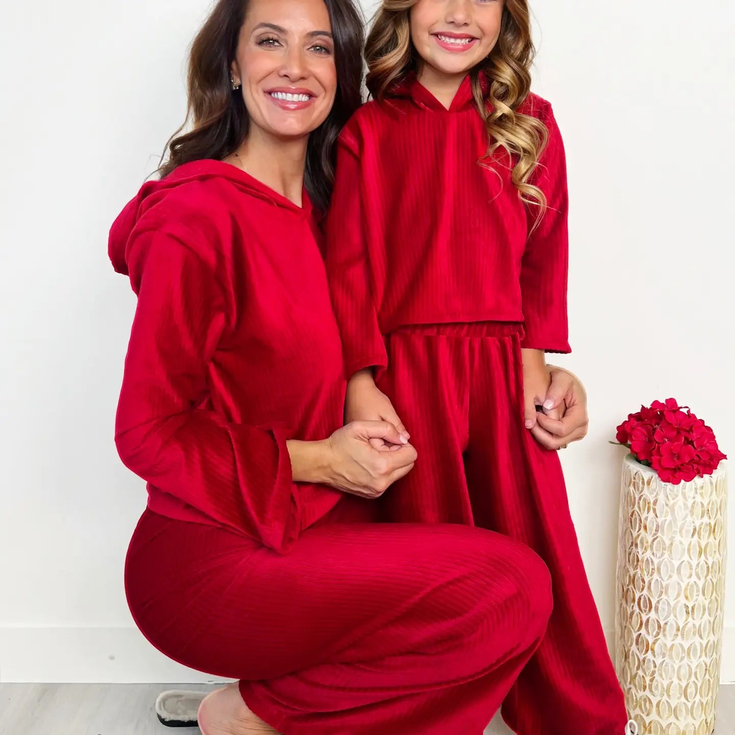 Mommy and Me Cozy Luxe Red Velvet Hooded Pant Set