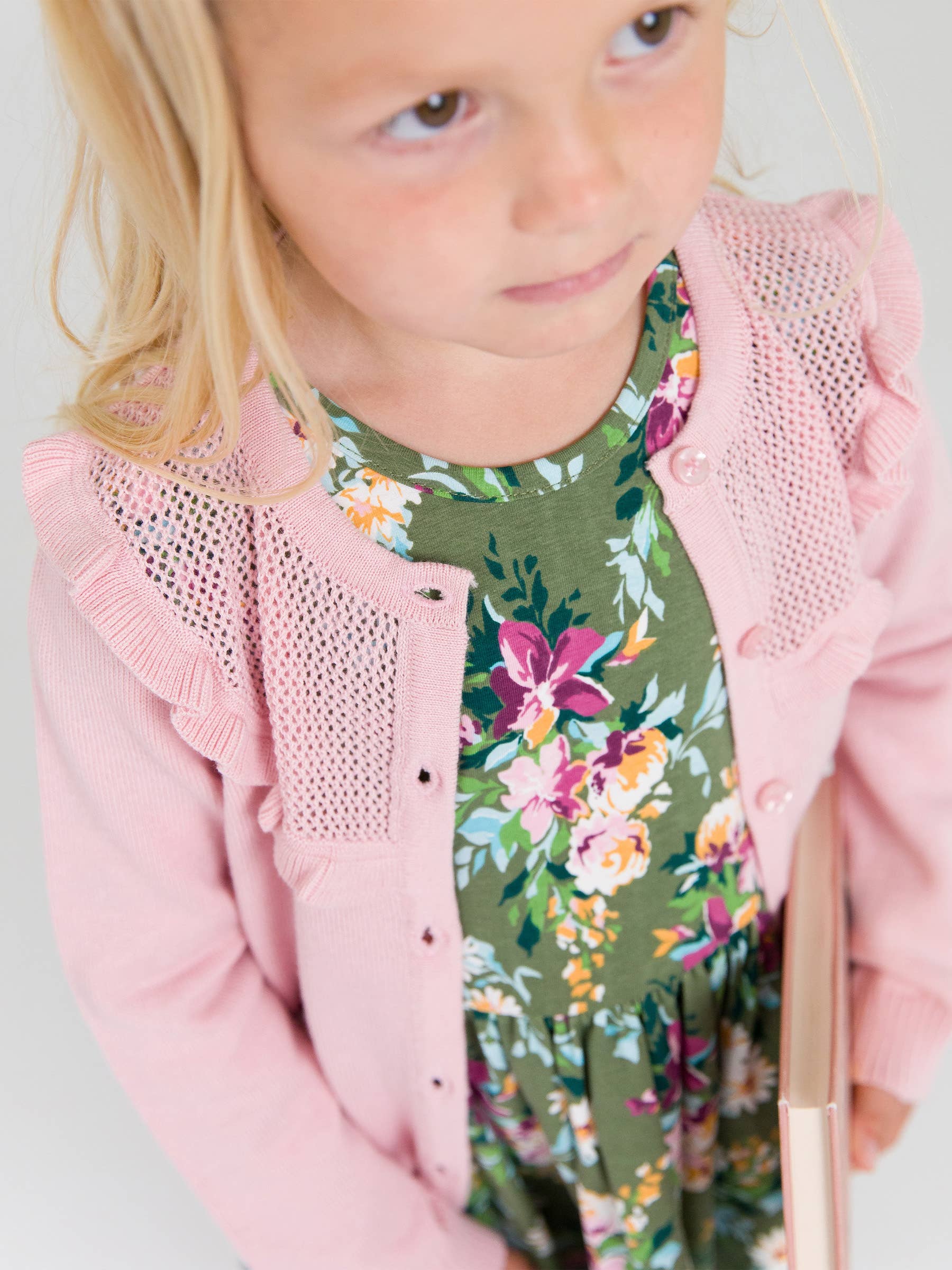 Girls Pink Sweater Knit Ruffle Trim Cardigan: Pink