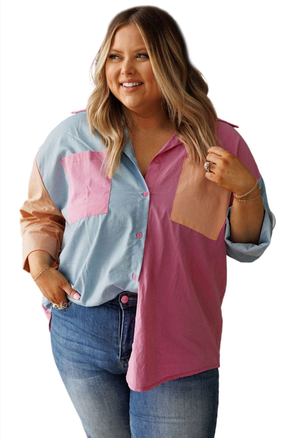 Pink Color Block Chest Pockets Plus Size Shirt