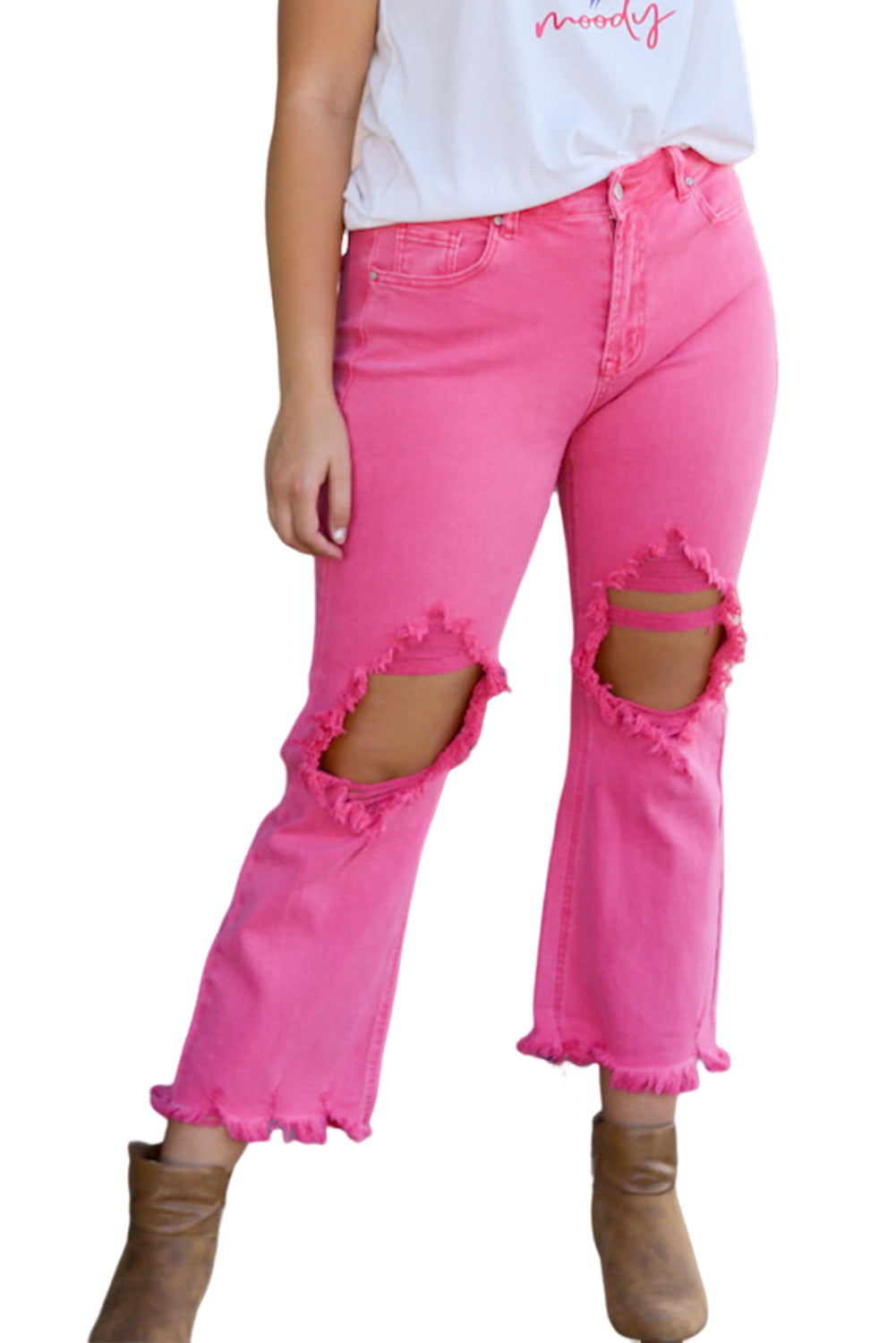 Pink Distressed Holes Raw Edge Cropped Flare Jeans