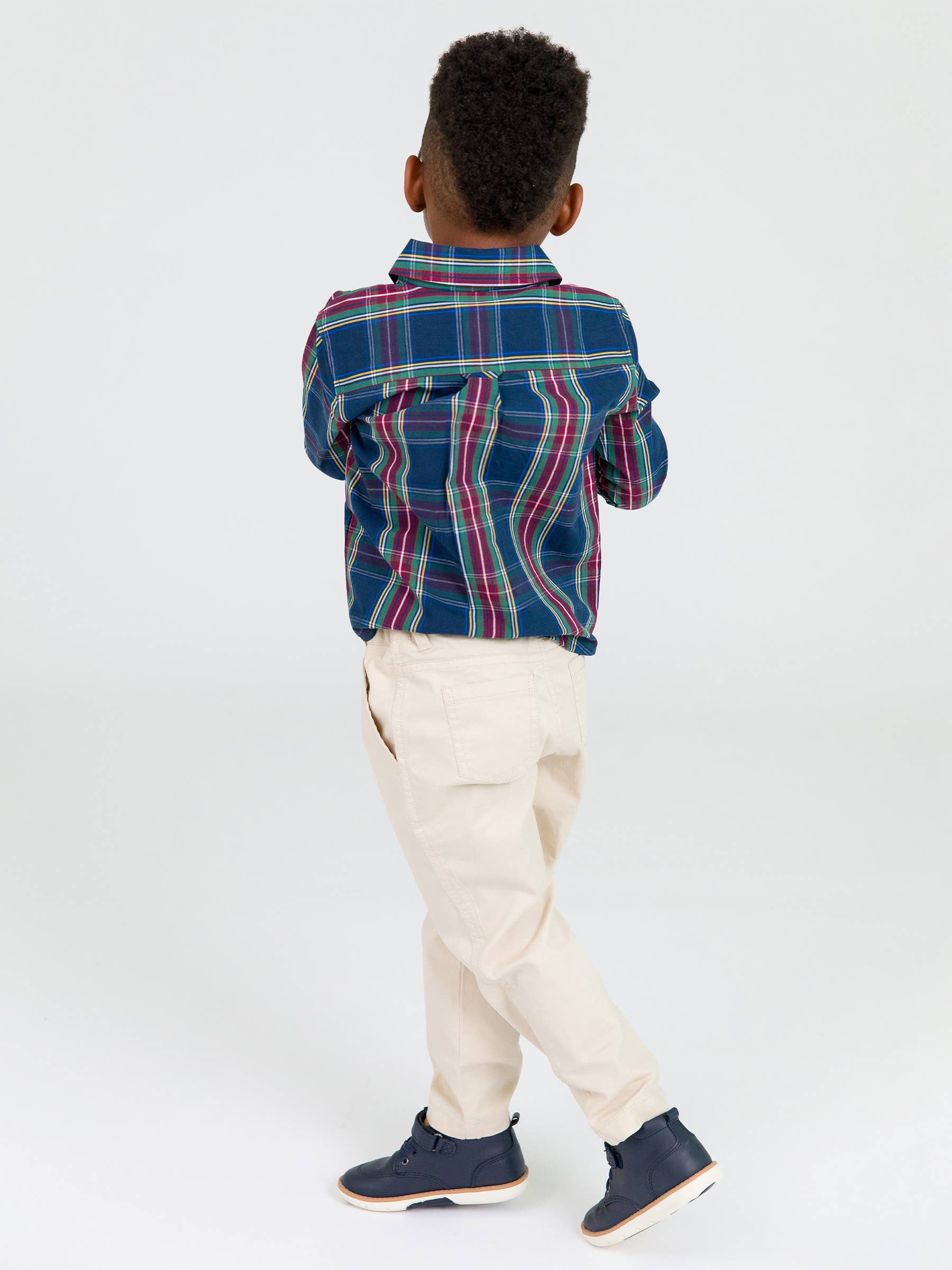 Boys Winter Nights Plaid Long Sleeve Button Down Shirt Navy