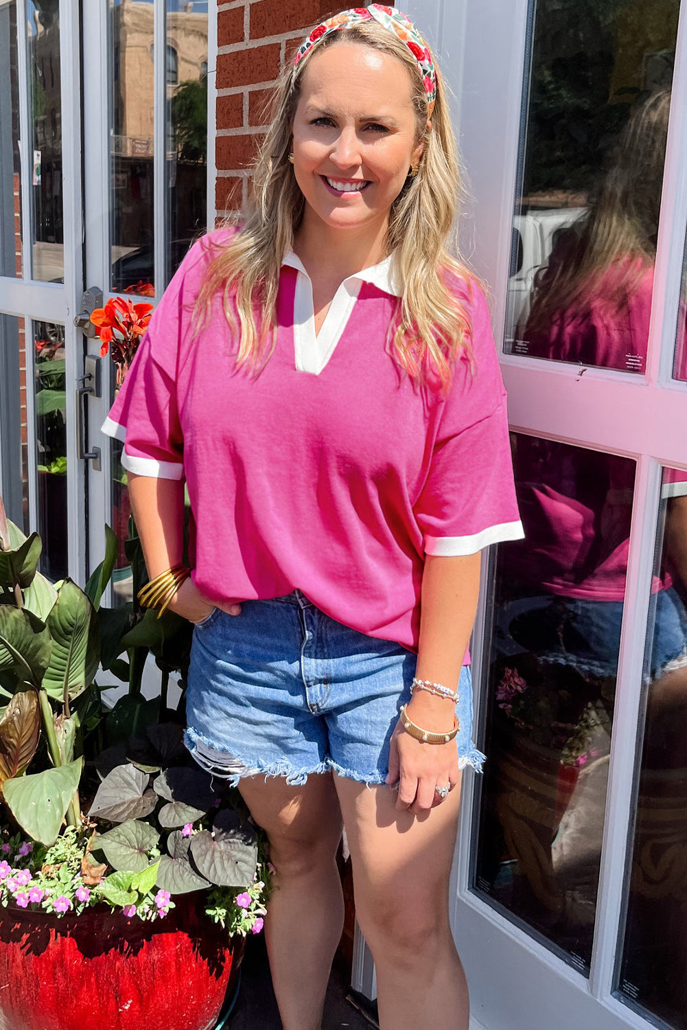 Pink Contrast Trim Collared Split Neck Short Sleeve Plus Size Top