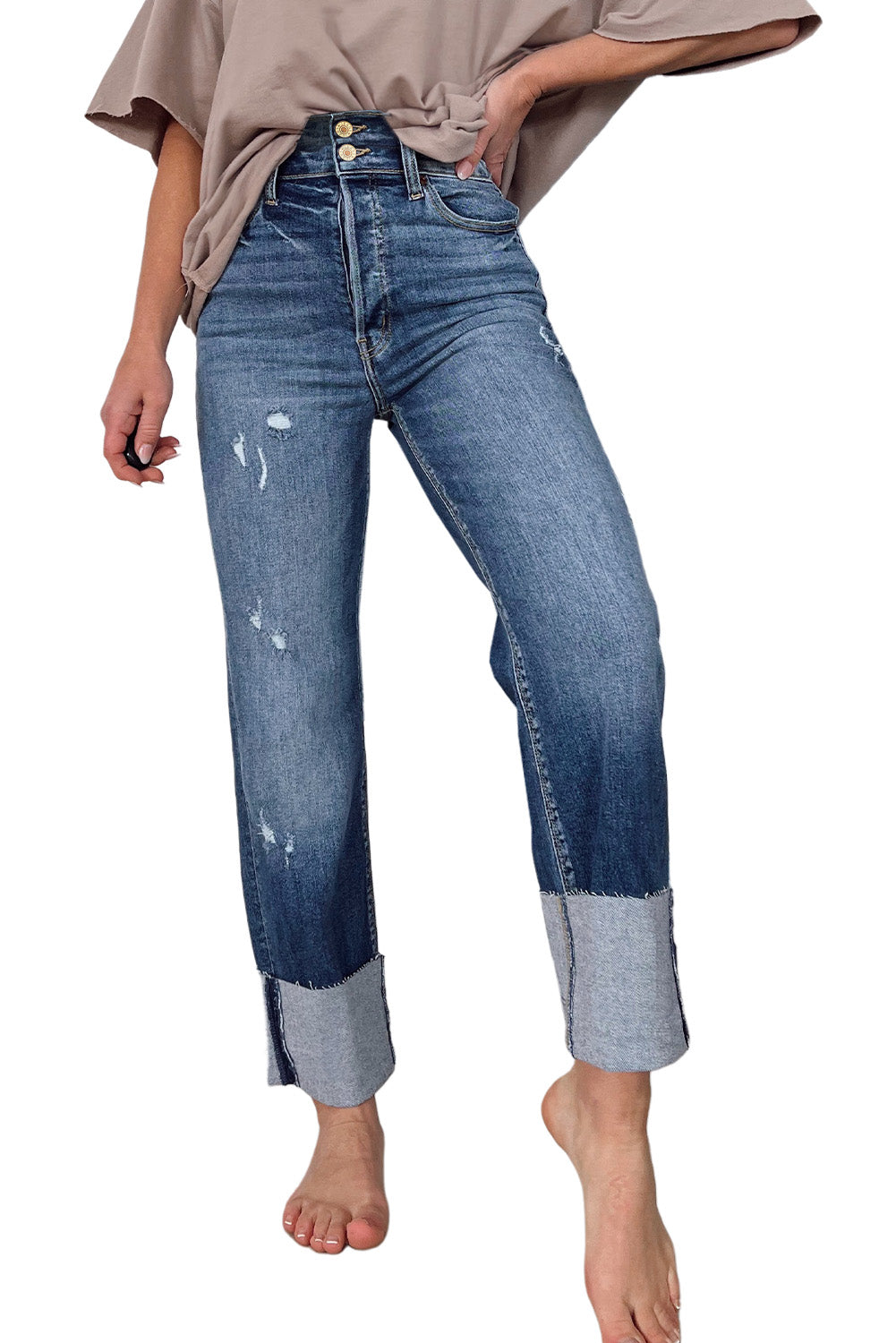 Blue High Waist Distressed Straight Leg Jeans