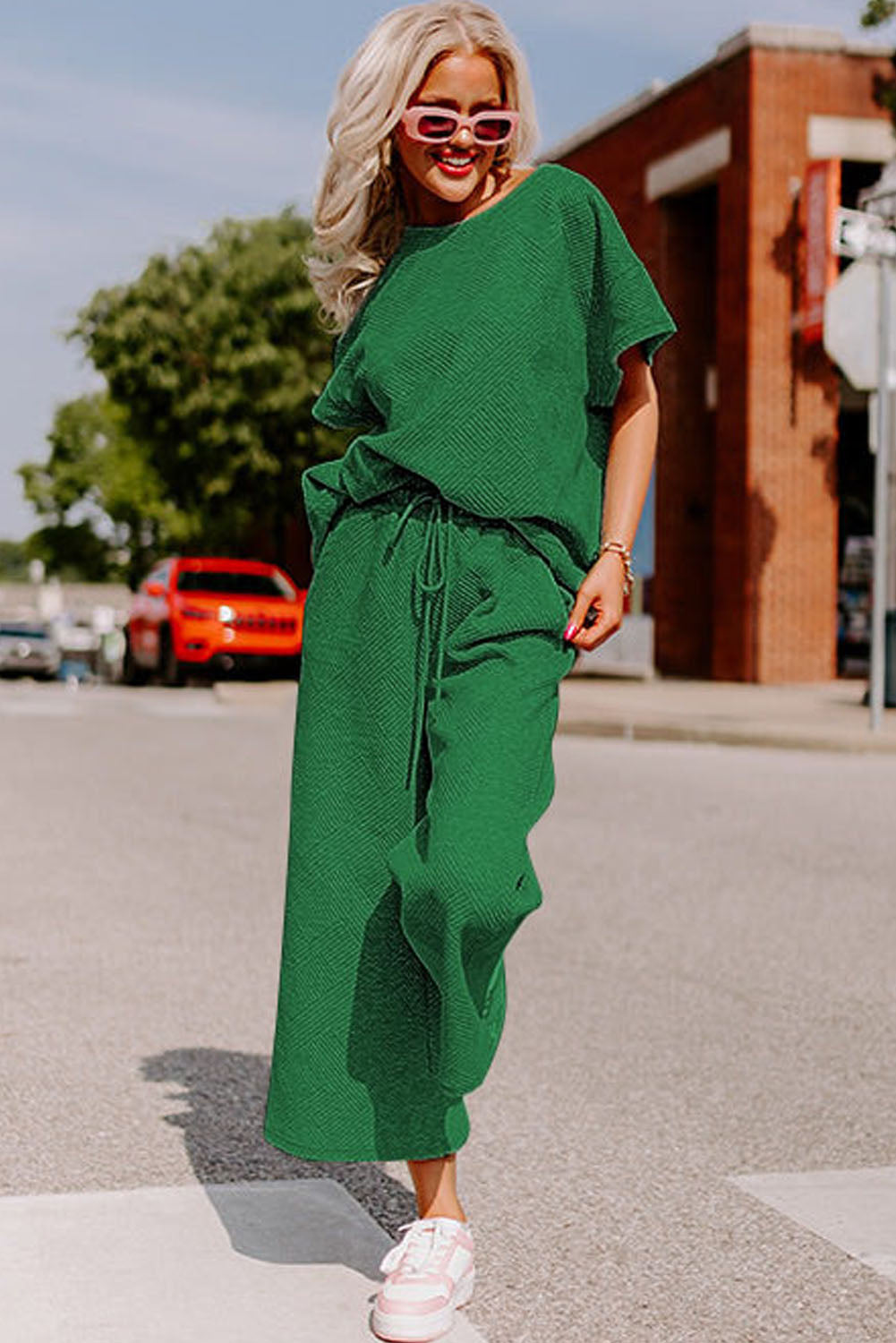 White Textured Loose Fit T Shirt and Drawstring Pants Set