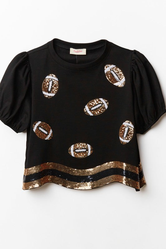 Black Oversized Game Day Sequin Gold Football Tee